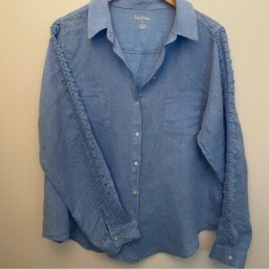 Lilly Pulitzer Blue Linen Long Sleeve Button Down Shirt Crochet Trim Size XL